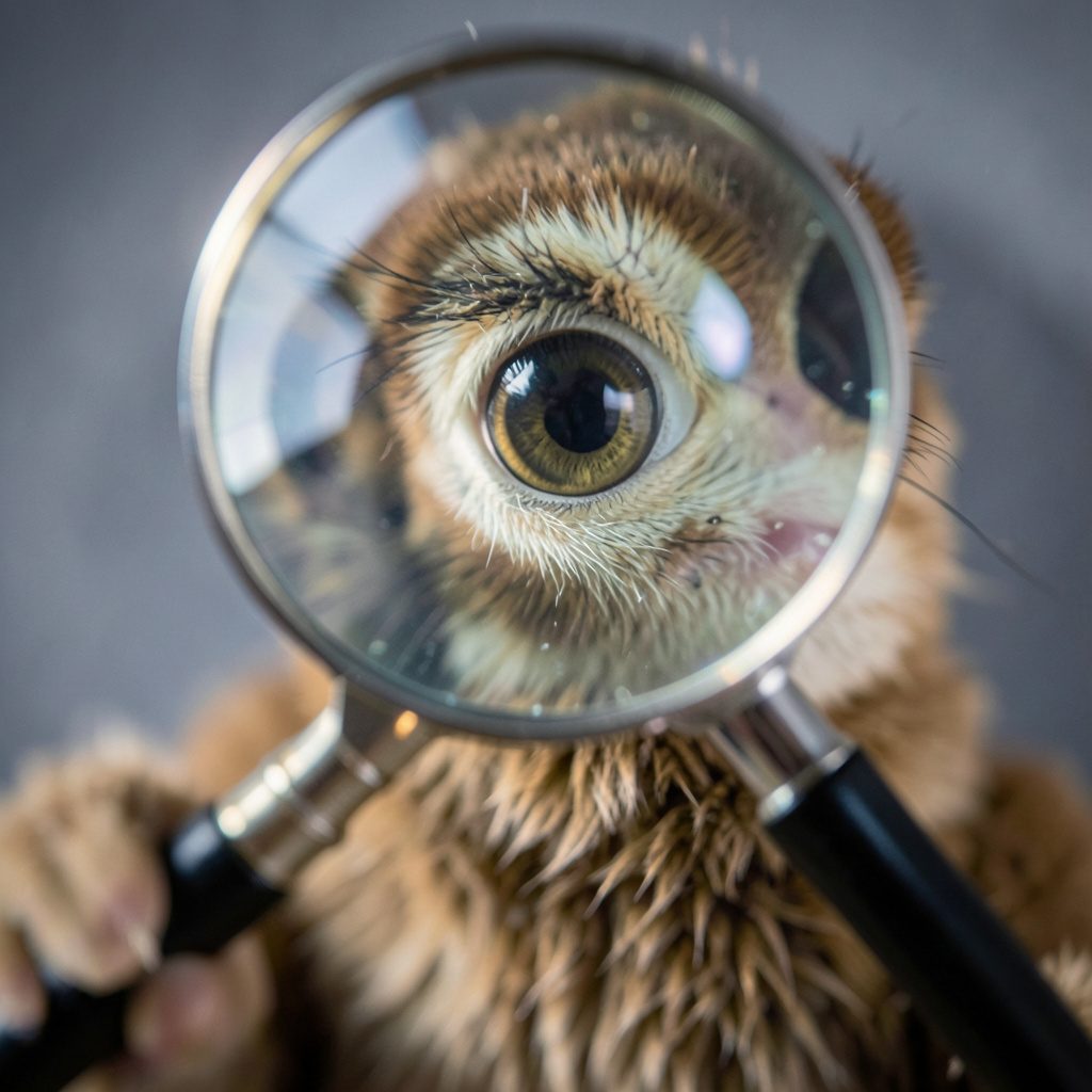 Illustrated character holding a magnifying glass, simple flat style in muted colors suggesting curiosity and inquiry