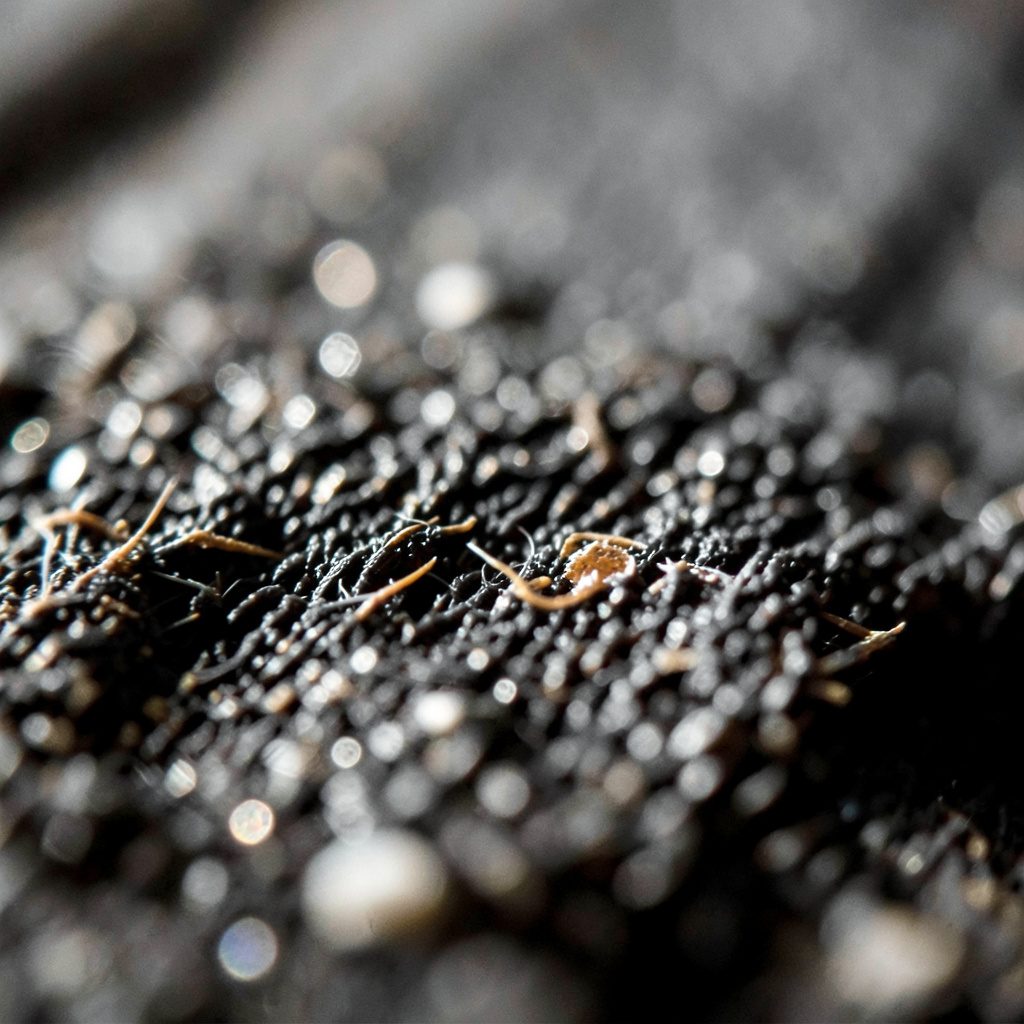 Extreme close-up of soft woven fabric texture in muted slate and warm grey tones, calm and tactile.